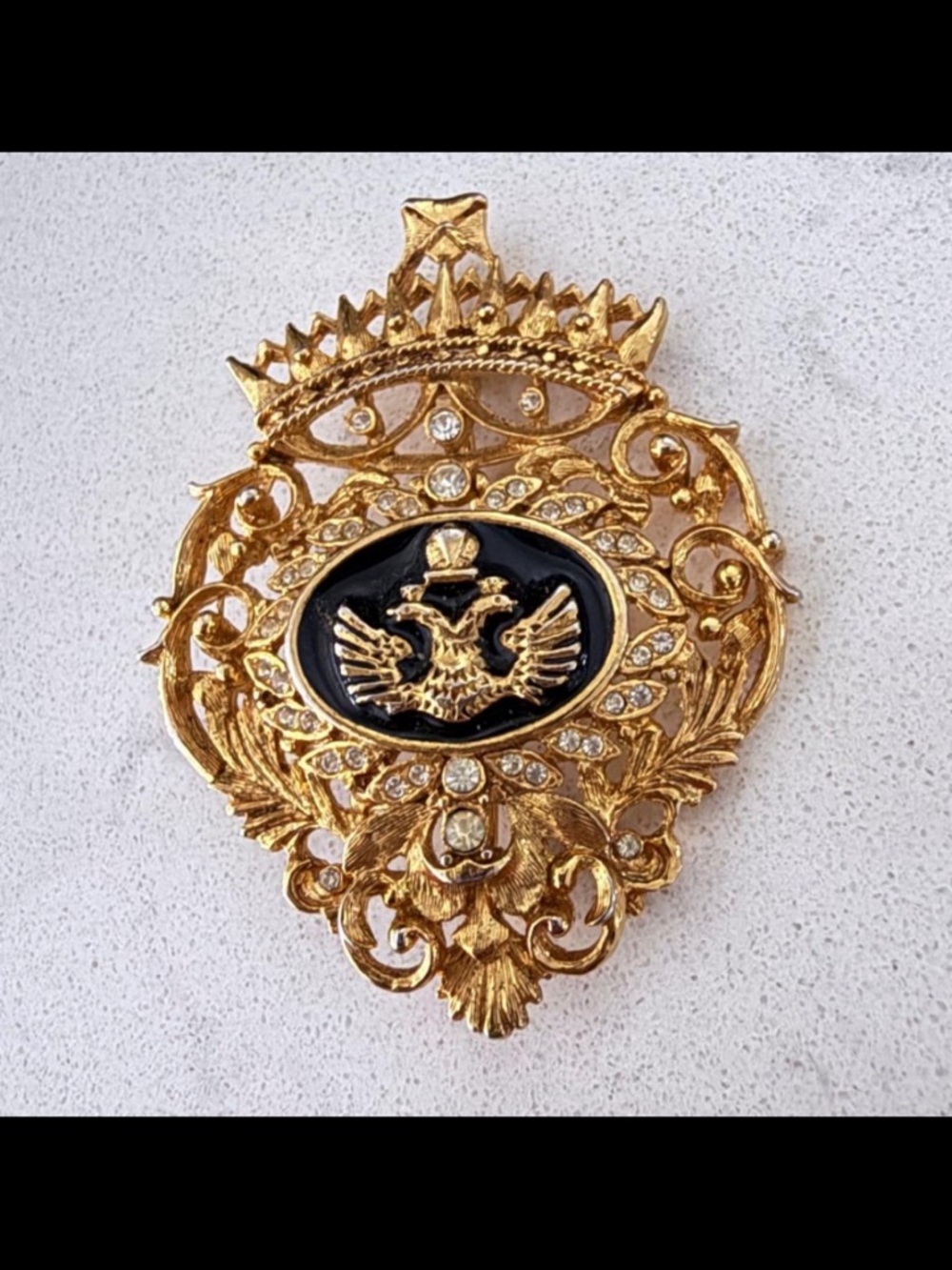 Vintage Gold Crown Double Headed Eagle Brooch Black Enamel Rhinestone Crest Pin